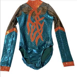 Ozone gymnastics teal foil competition long sleeve custom leotard rhinestone AXS